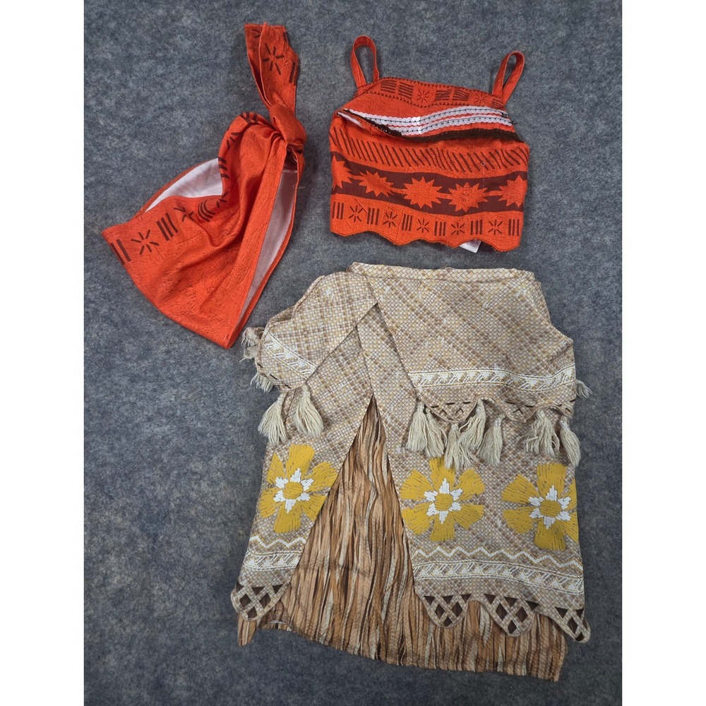 Disney Store Moana Costume Set Girls Size 4 Orange Brown Tassels 3 Piece